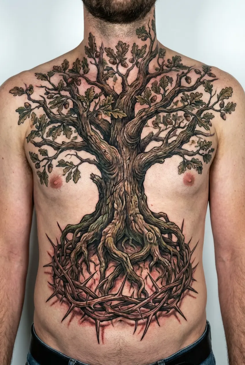 Tree roots forming crown of thorns shape with trunk growing upward