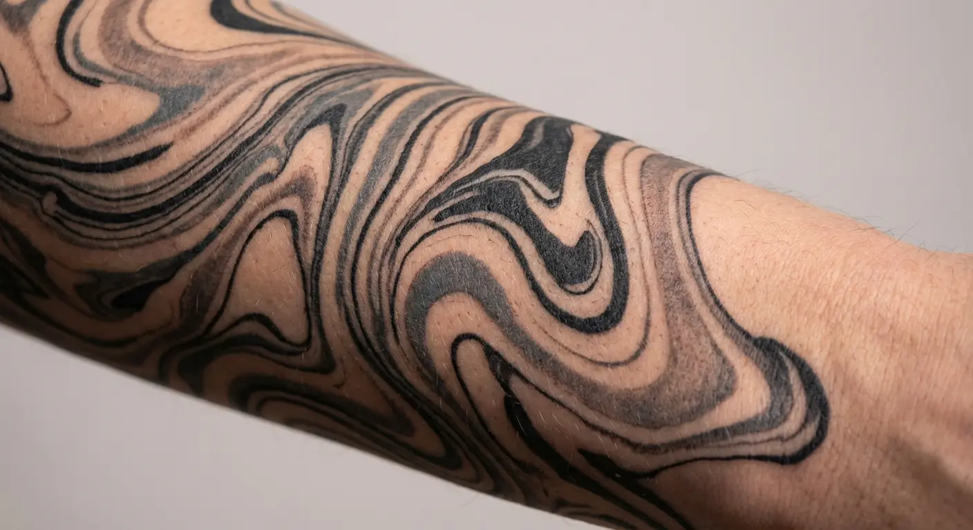 Forearm suminagashi tattoo with cylindrical wrap design