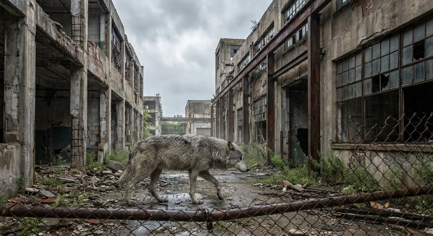 Wolf in urban decay with abandoned buildings and graffiti