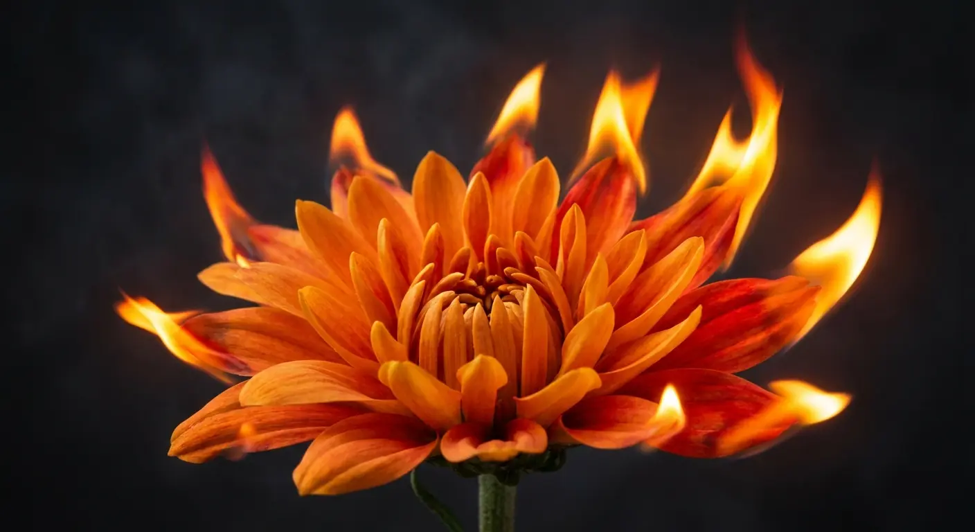 Orange chrysanthemum merging with flame elements