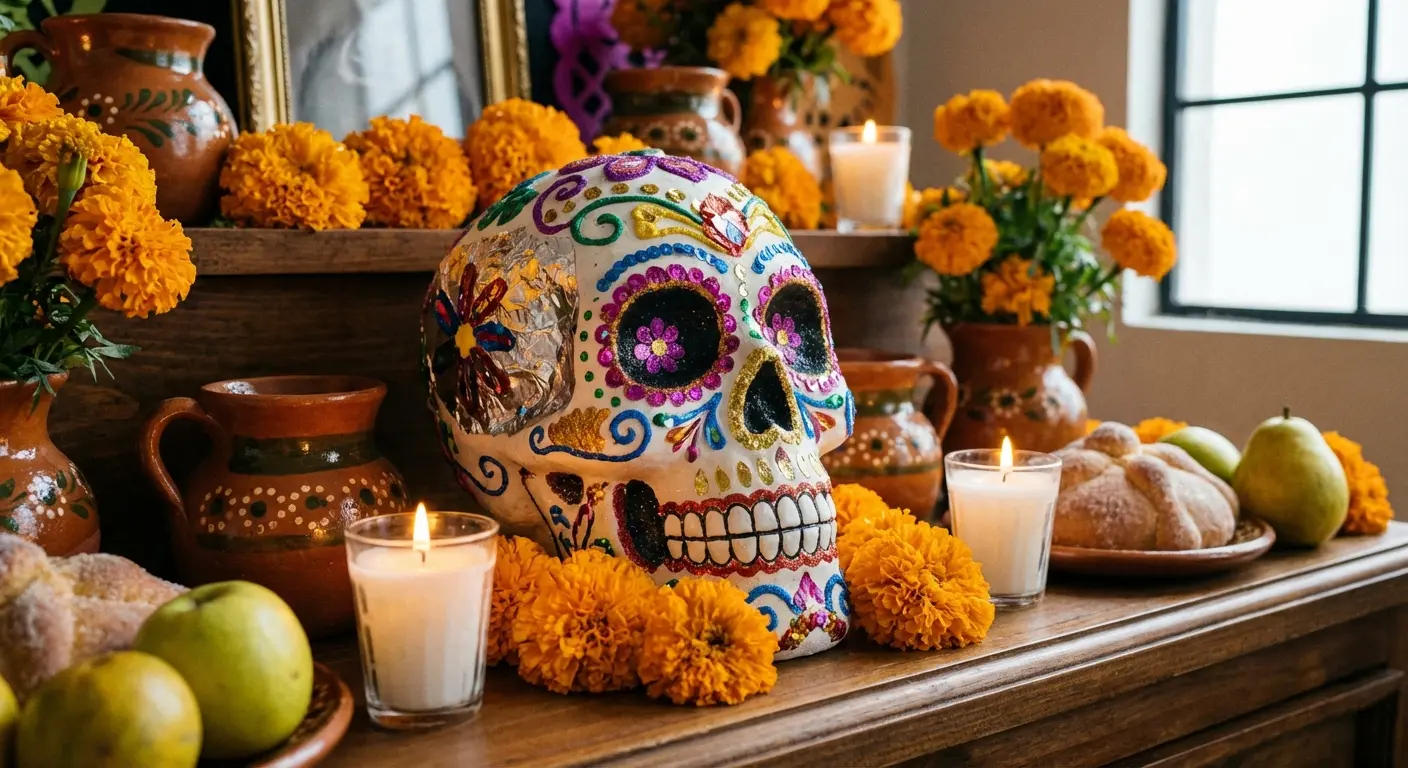 Sugar skull tattoo with traditional decorative elements