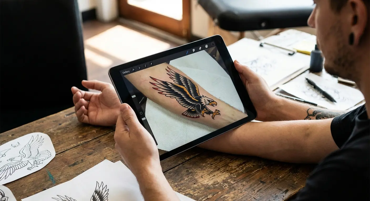 Traditional tattoo visualization on body