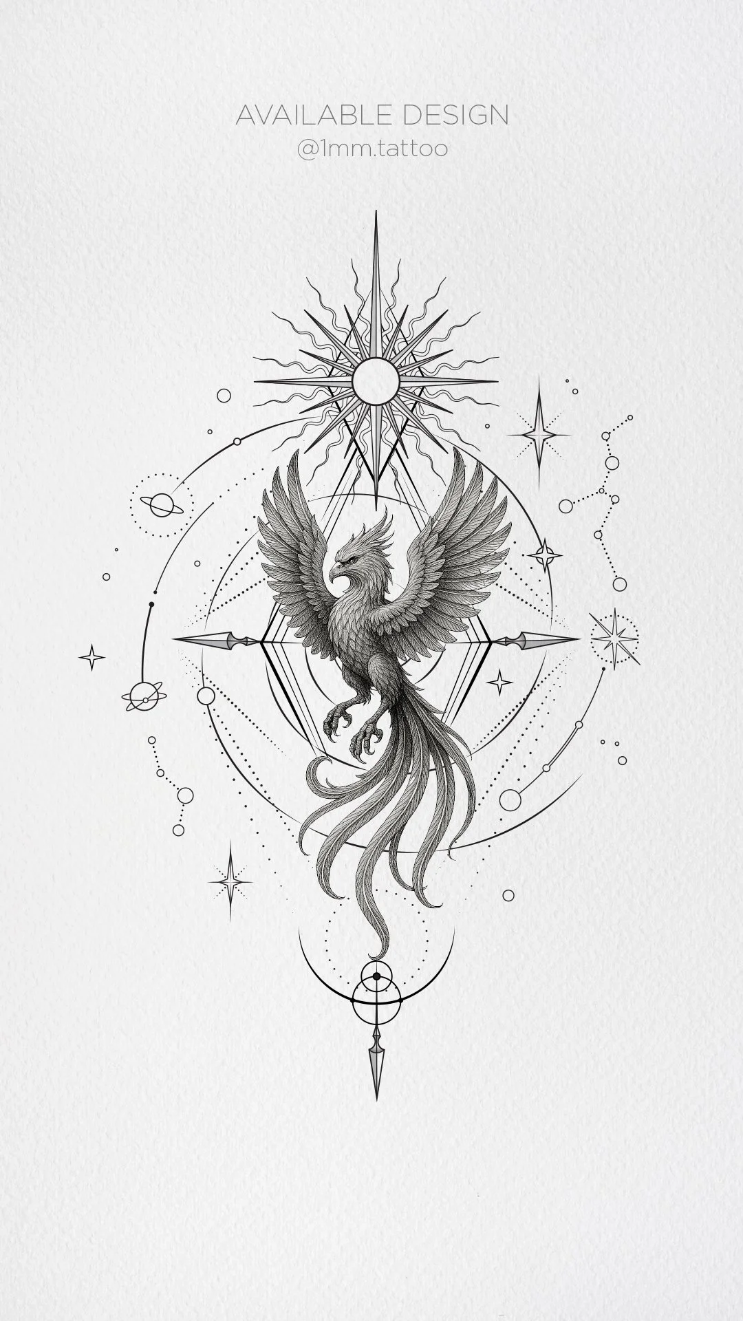 A cosmic phoenix design rising through constellations and geometry ...